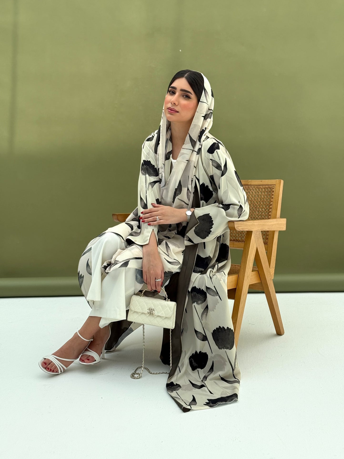 A printed fabric abaya green floral patterns