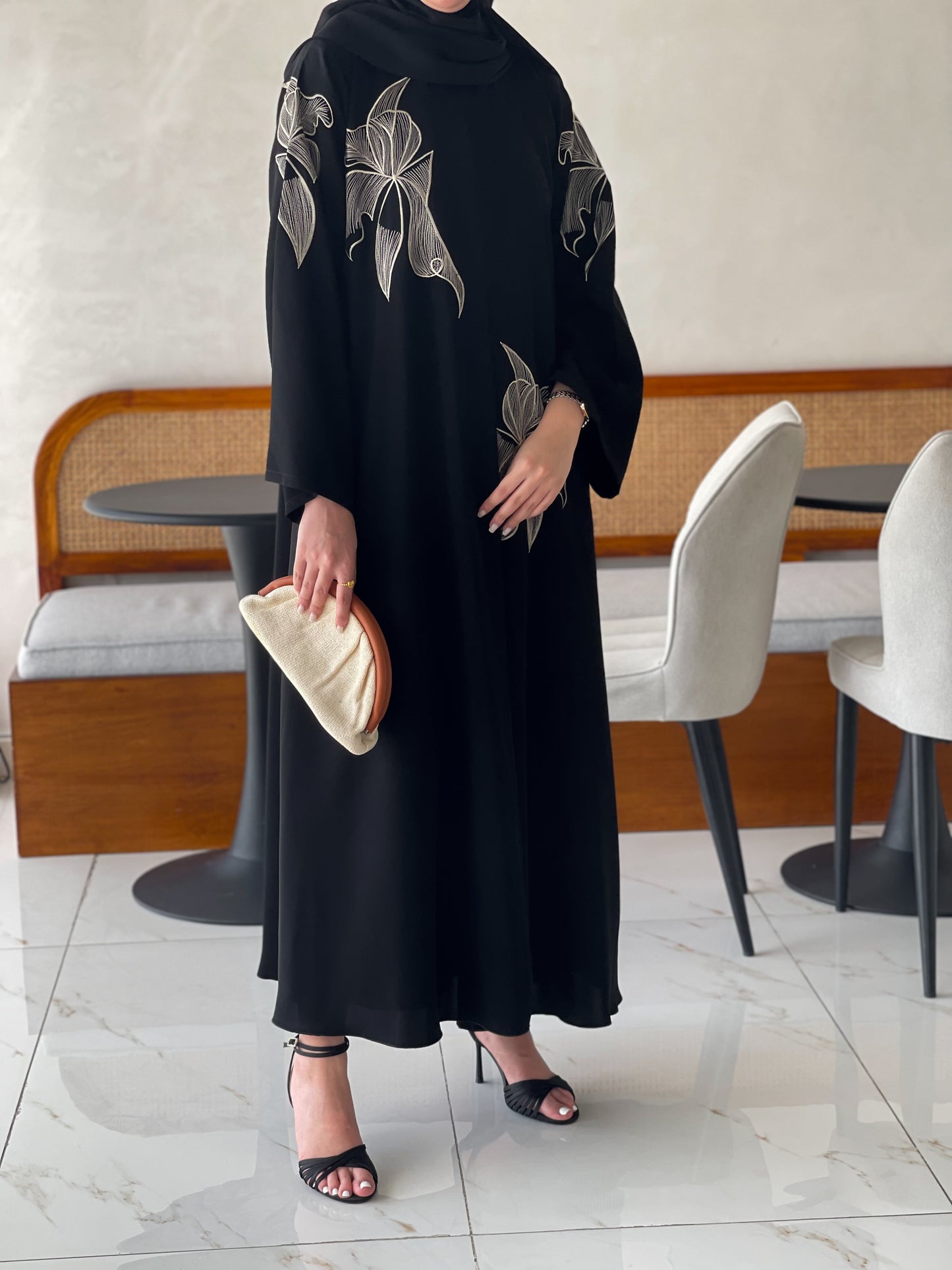 Black abaya with beige embroidery