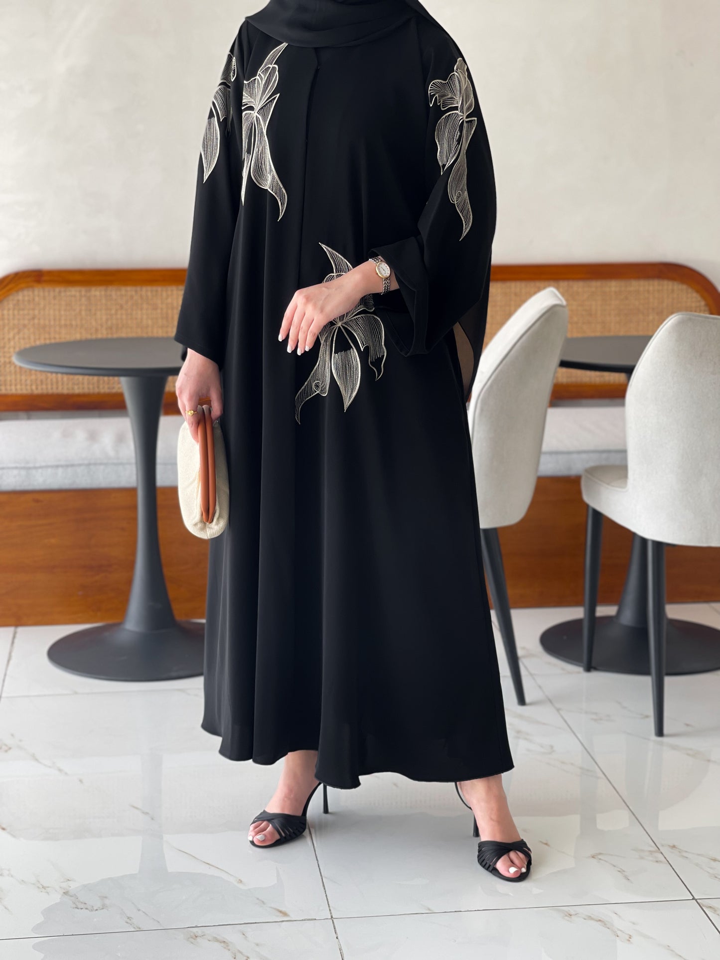 Black abaya with beige embroidery