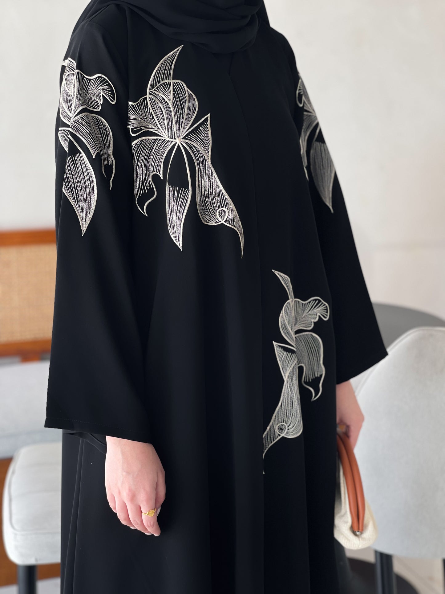 Black abaya with beige embroidery