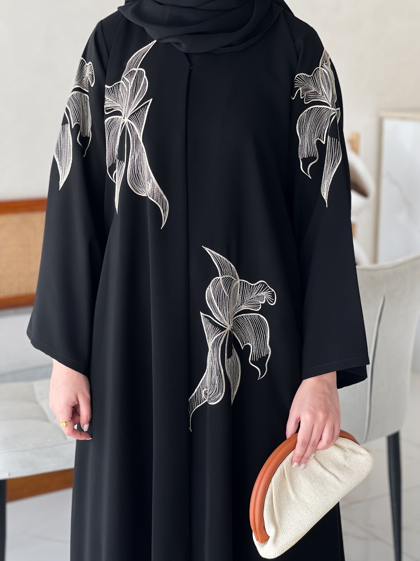 Black abaya with beige embroidery