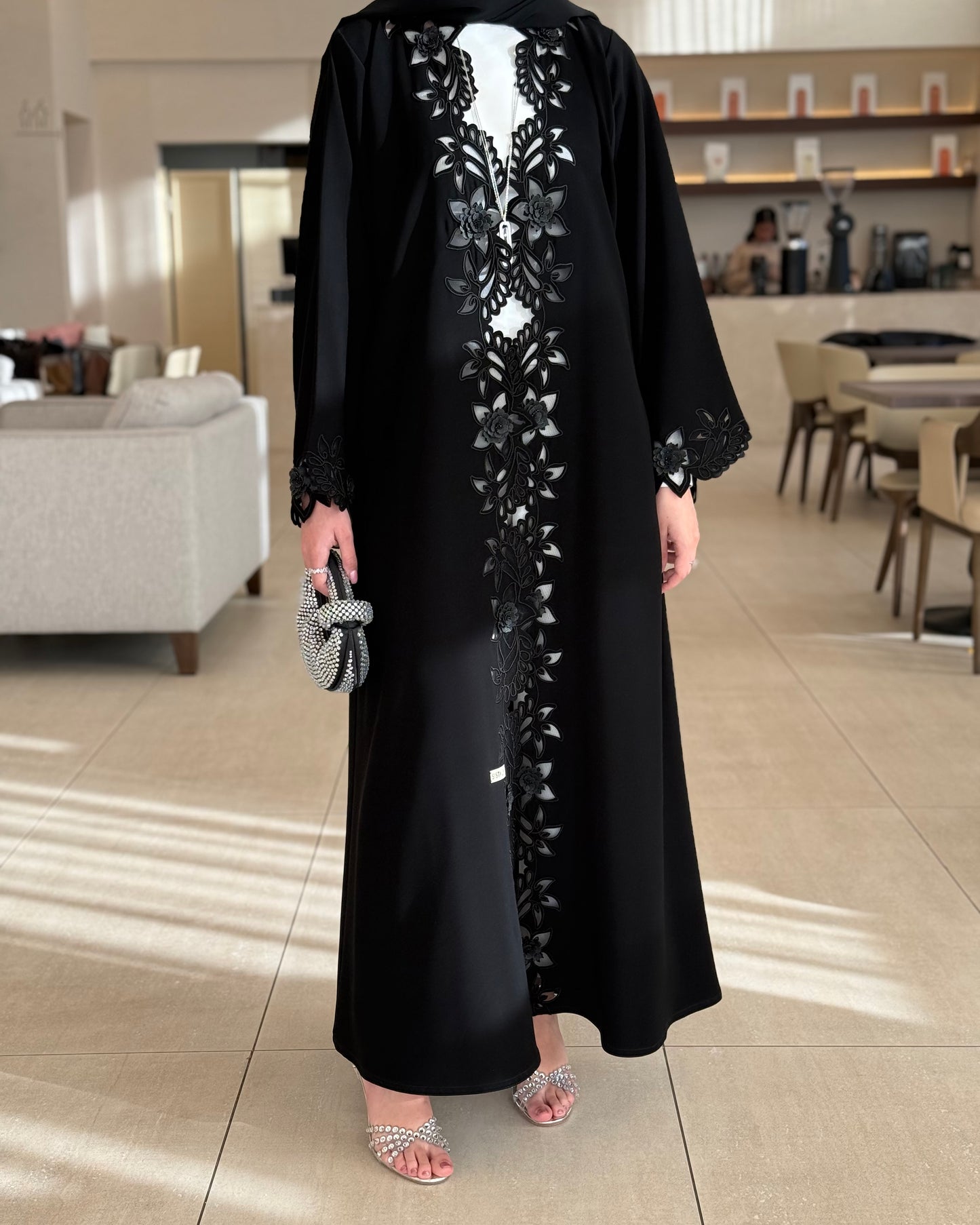 Abaya with delicate handworked floral details