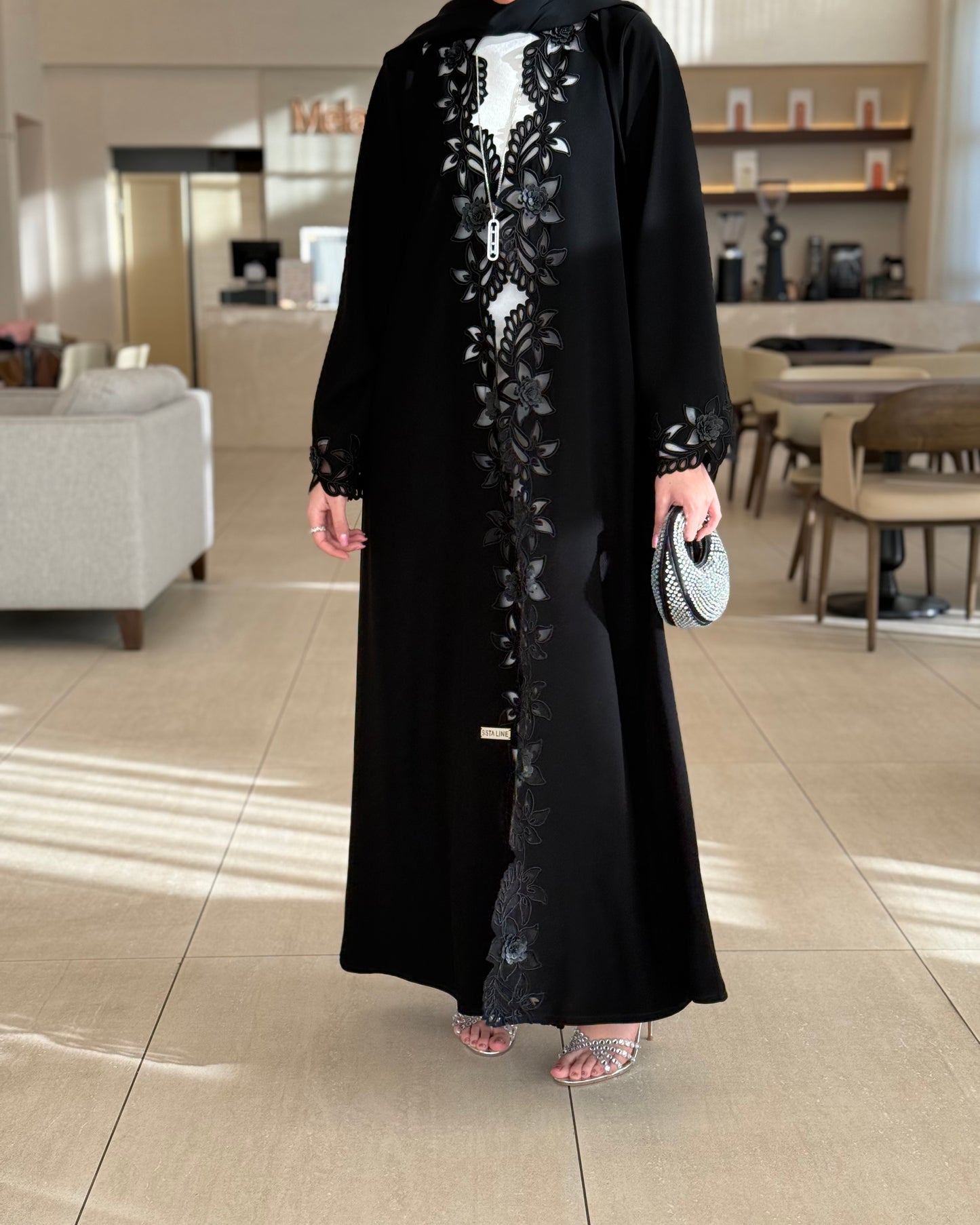 Abaya with delicate handworked floral details