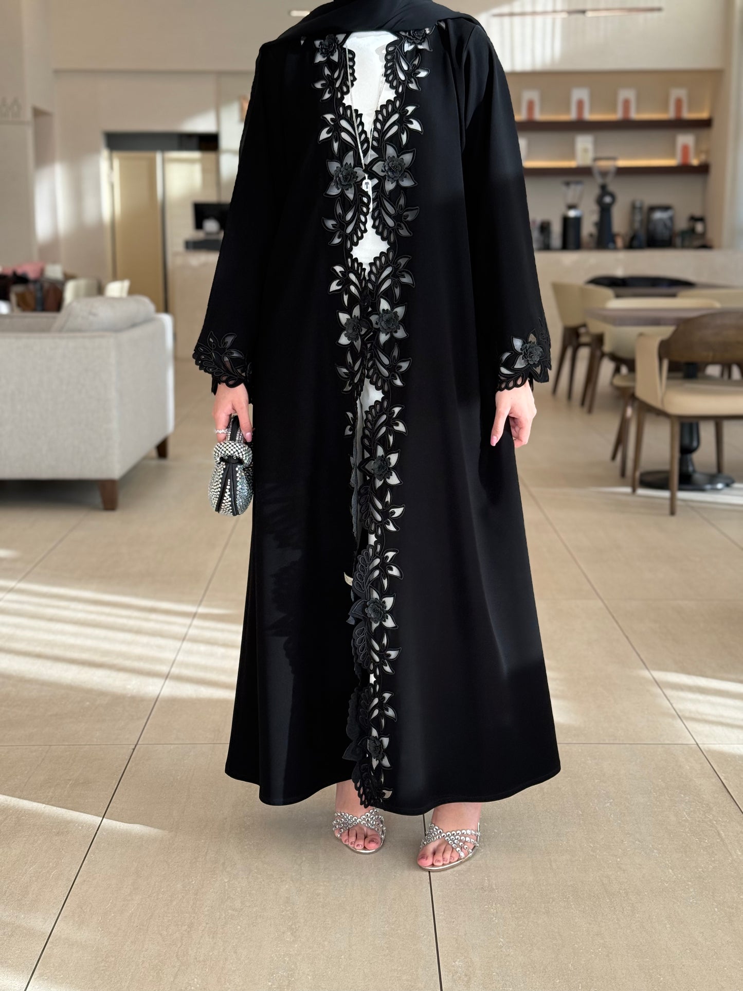 Abaya with delicate handworked floral details