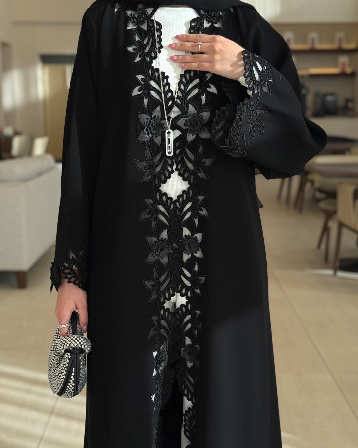 Abaya with delicate handworked floral details