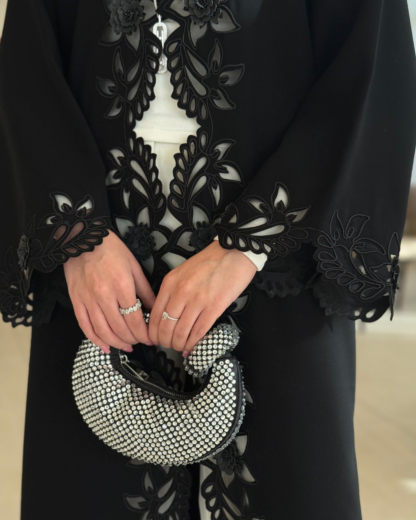 Abaya with delicate handworked floral details