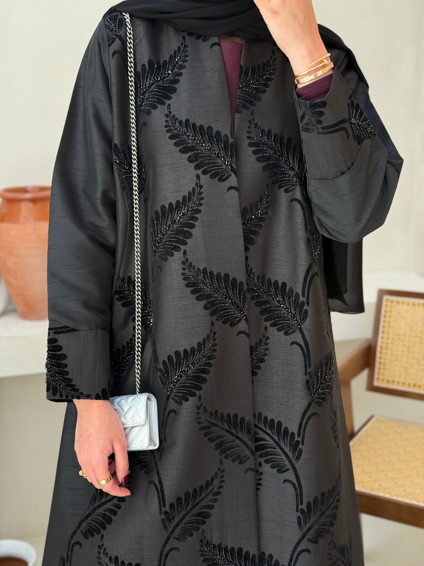 Abaya with elegant black embellishments