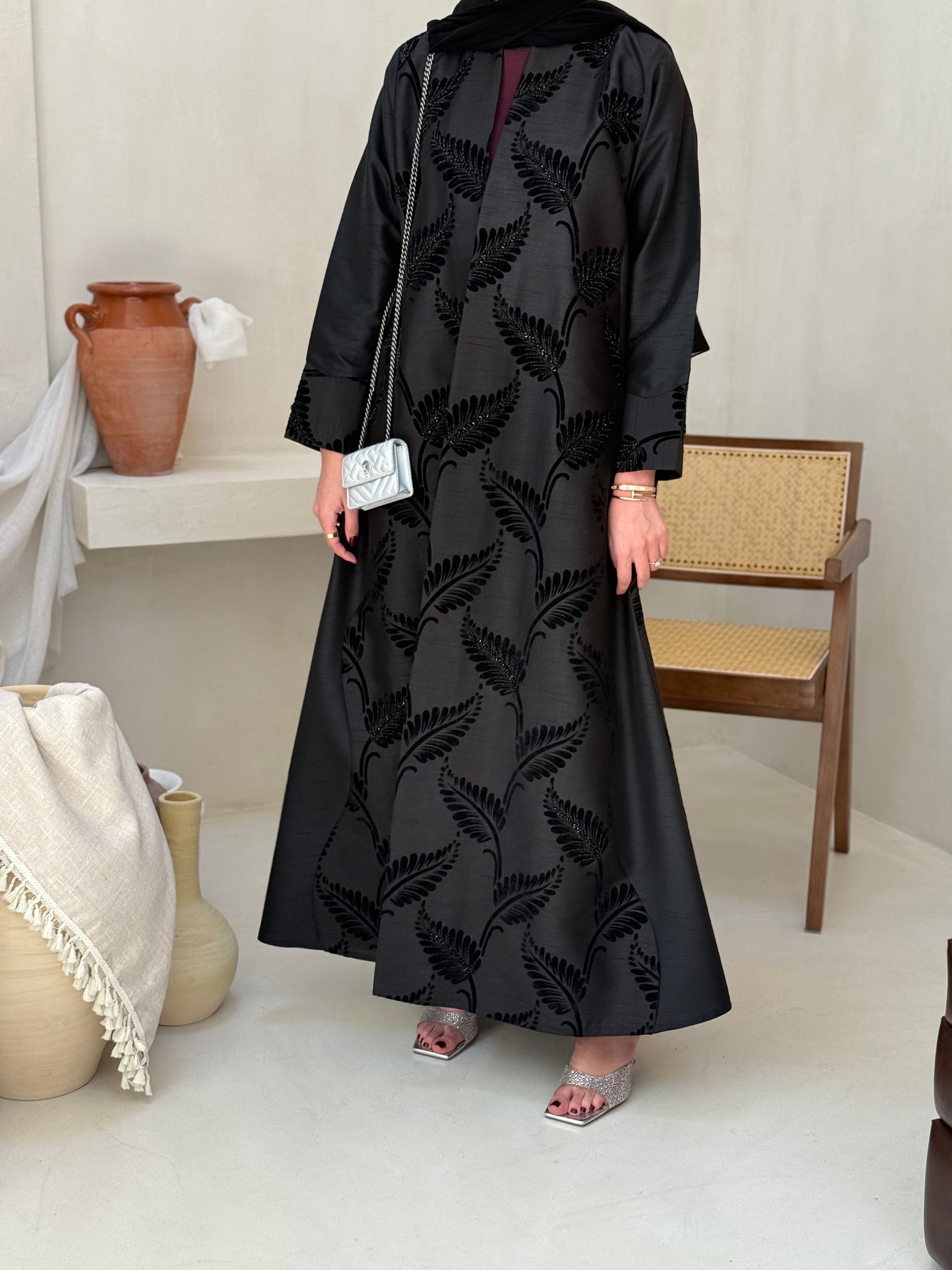 Abaya with elegant black embellishments