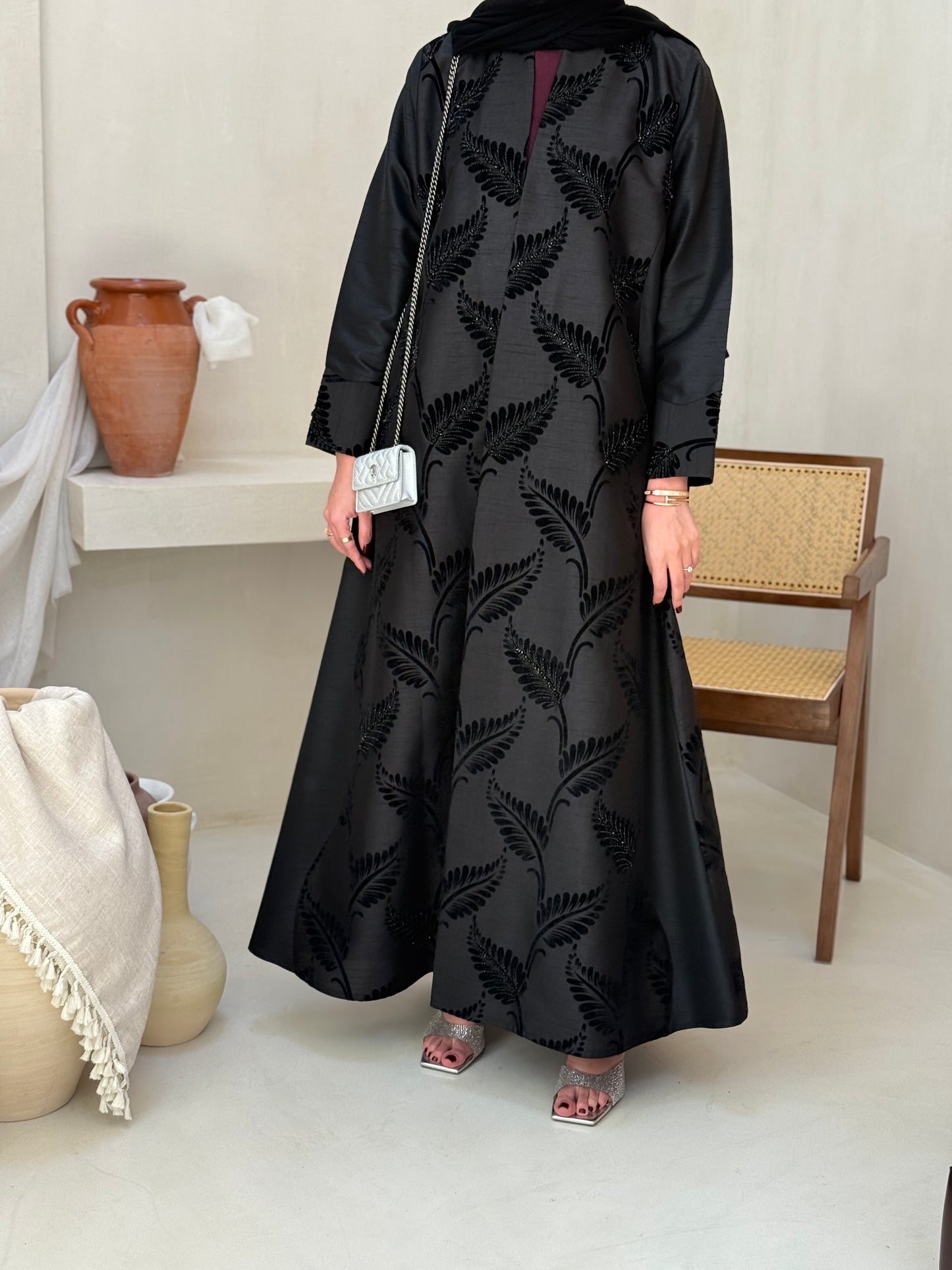 Abaya with elegant black embellishments